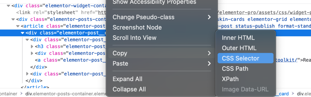 Right click on a selected div and click Copy > CSS Selector